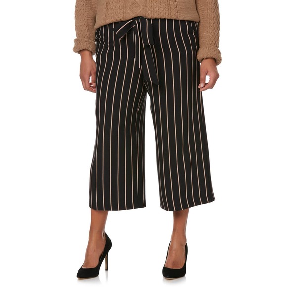 NEW Simply Emma Plus Size Gaucho Wide Leg Crop Pants Black Taupe‎ Stripe Belted - Picture 1 of 10